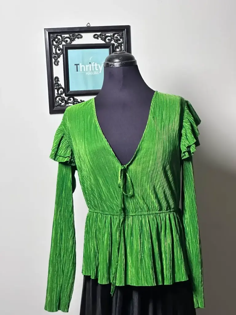 Green Pleated Fabric Ruffled shoulder Blouse