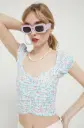 Floral Ruched Textured Knit Crop Top (Salt Crystal) 