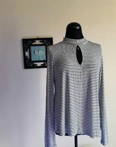 Mock Neck Black Strips White Top
