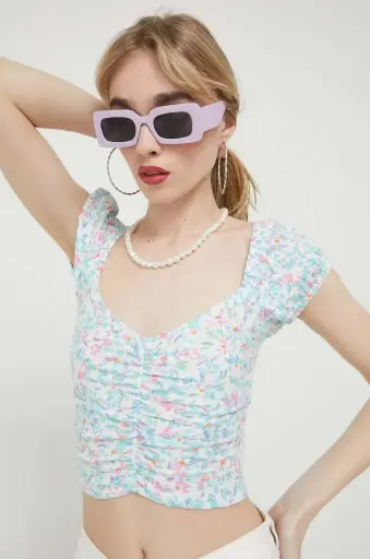Floral Ruched Textured Knit Crop Top (Salt Crystal) 
